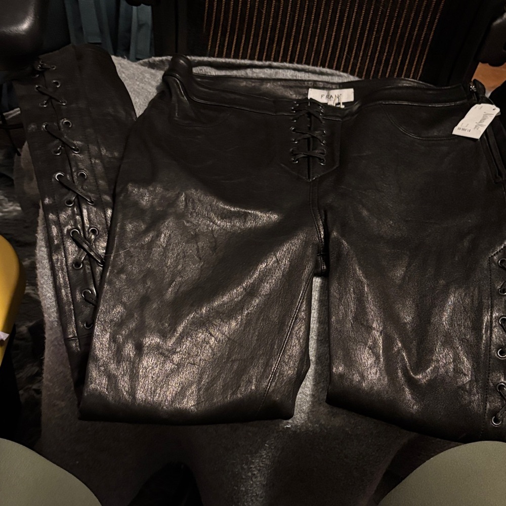 Frame Denim Black Lace-Up Straight Leg 100% Lamb Leather Pants